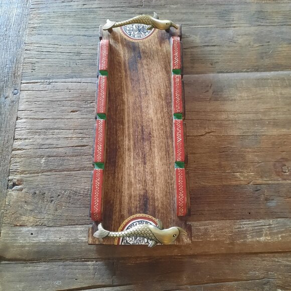 Madhubani Hand Painted Wooden Tray from India - Picture 2 of 9